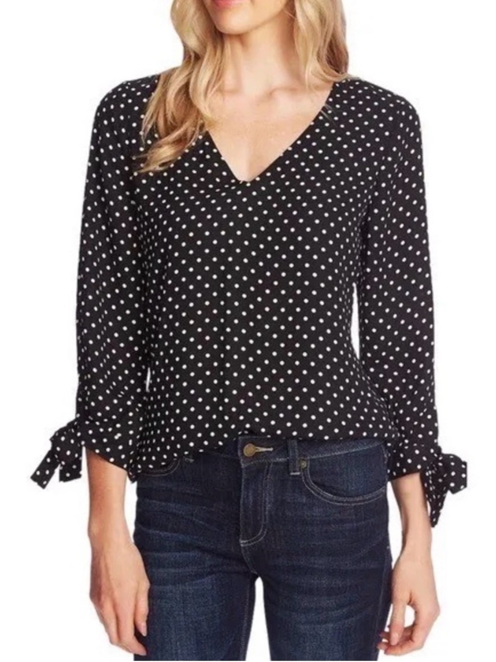 CeCe Black and White Polka Dot V-Neck Blouse with Tie Cuffs